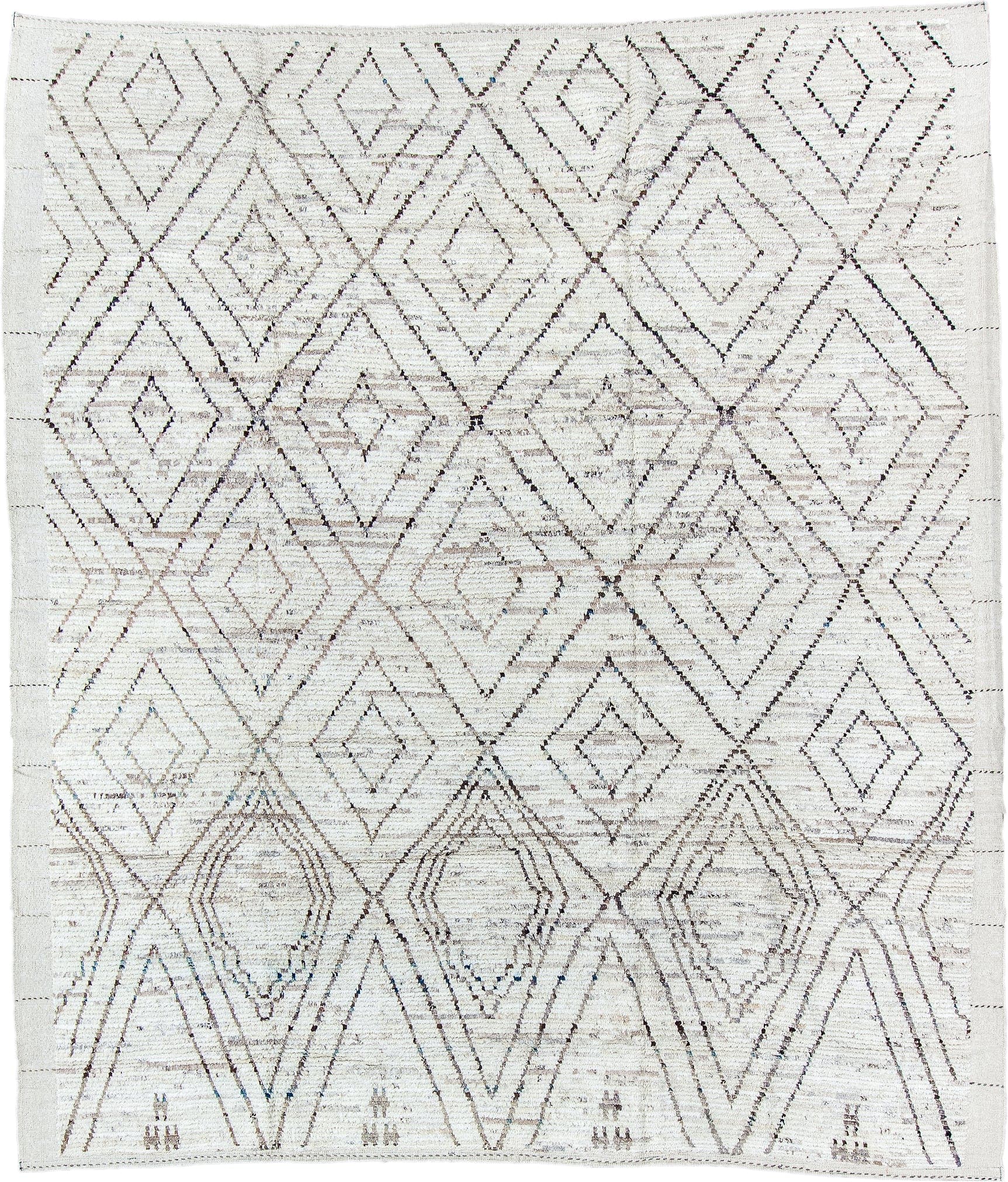 8' x 9' one-of-a-kind handmade vintage Tulu rug. Color palette: ivory, taupe, charcoal, gray, beige, black