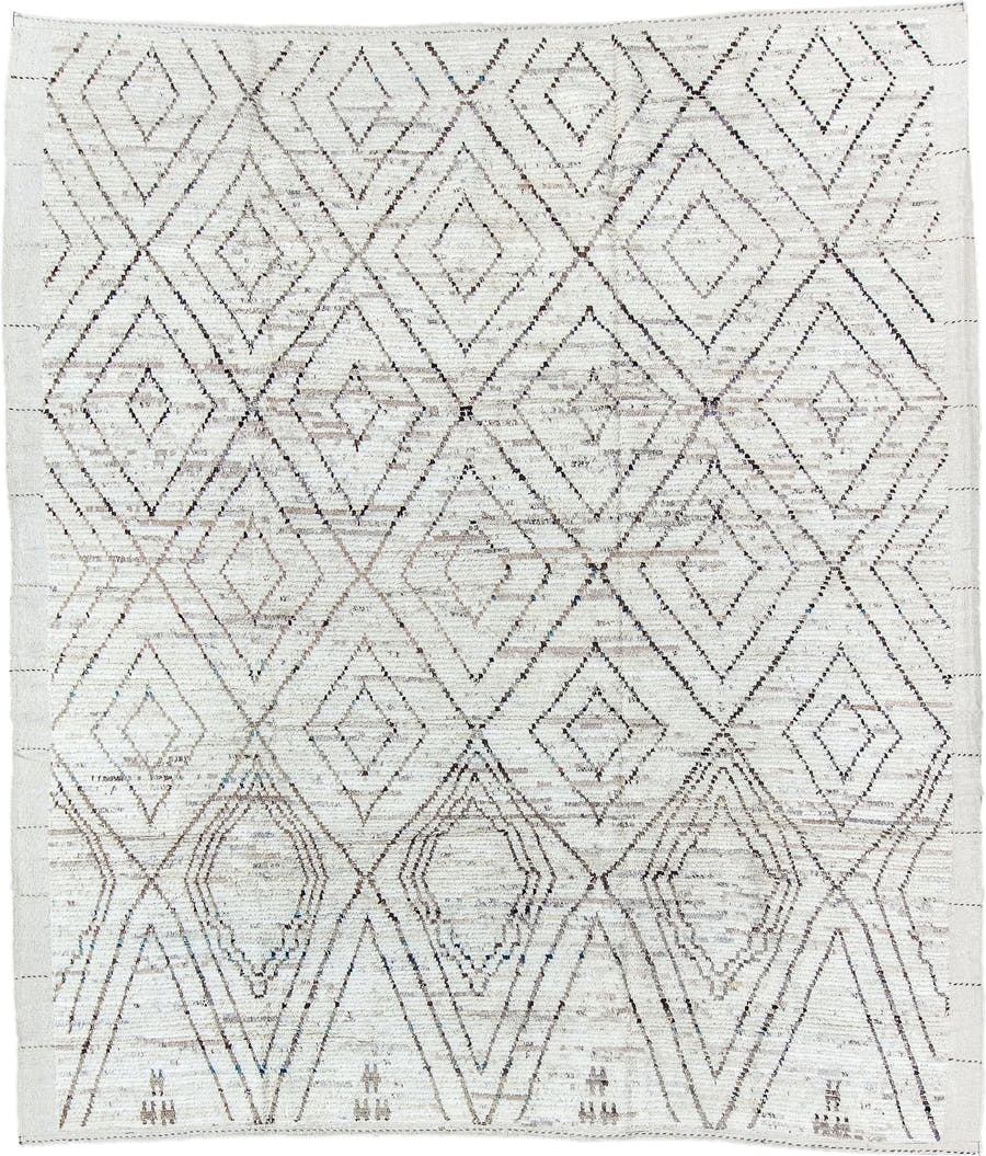 8' x 9' one-of-a-kind handmade vintage Tulu rug. Color palette: ivory, taupe, charcoal, gray, beige, black