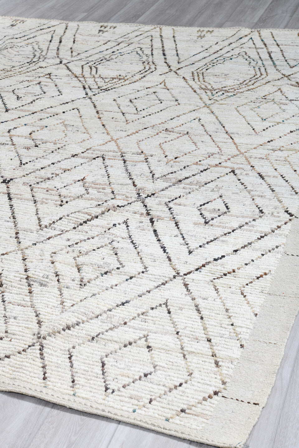 8' x 9' one-of-a-kind handmade vintage Tulu rug. Color palette: black, charcoal, dark gray, dim gray, gainsboro, gray