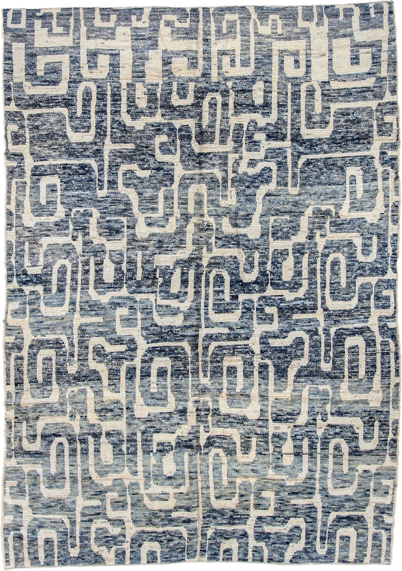 6' x 9' one-of-a-kind handmade vintage Tulu medium size rug. Color palette: blue, ivory, slate, denim, cream, gray