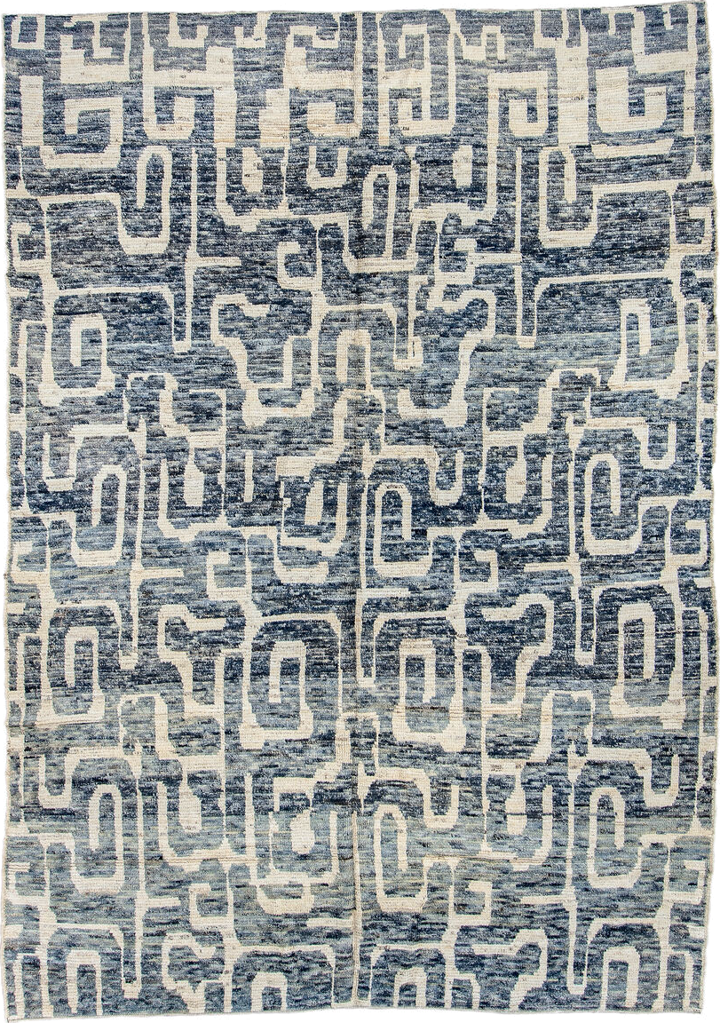 6' x 9' one-of-a-kind handmade vintage Tulu medium size rug. Color palette: blue, ivory, slate, denim, cream, gray