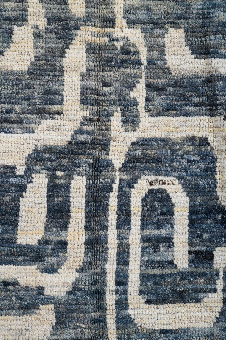 6' x 9' one-of-a-kind handmade vintage Tulu medium size rug. Color palette: blue, ivory, slate, denim, cream, gray