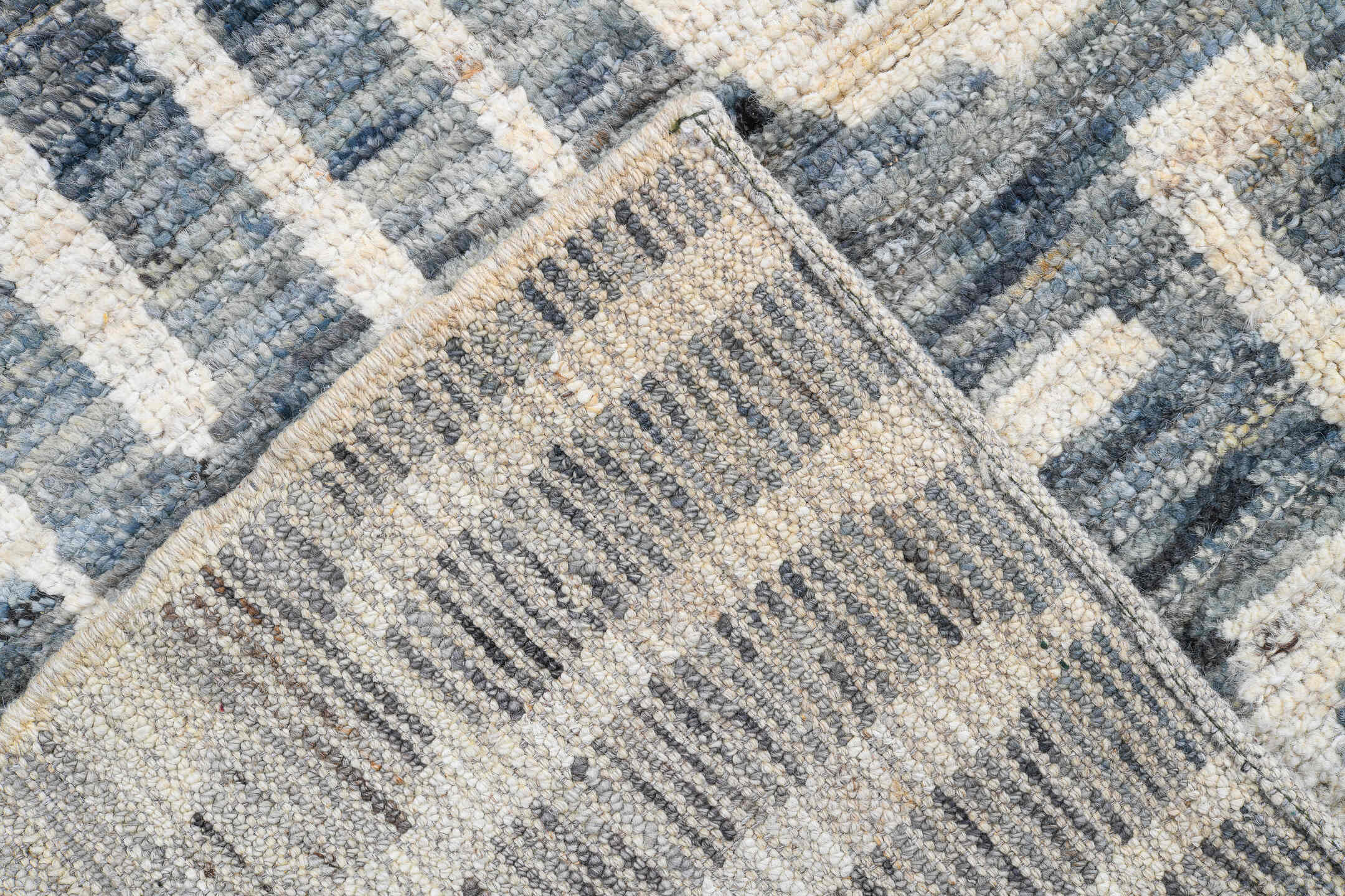 6' x 9' one-of-a-kind handmade vintage Tulu medium size rug. Color palette: blue, ivory, slate, denim, cream, gray