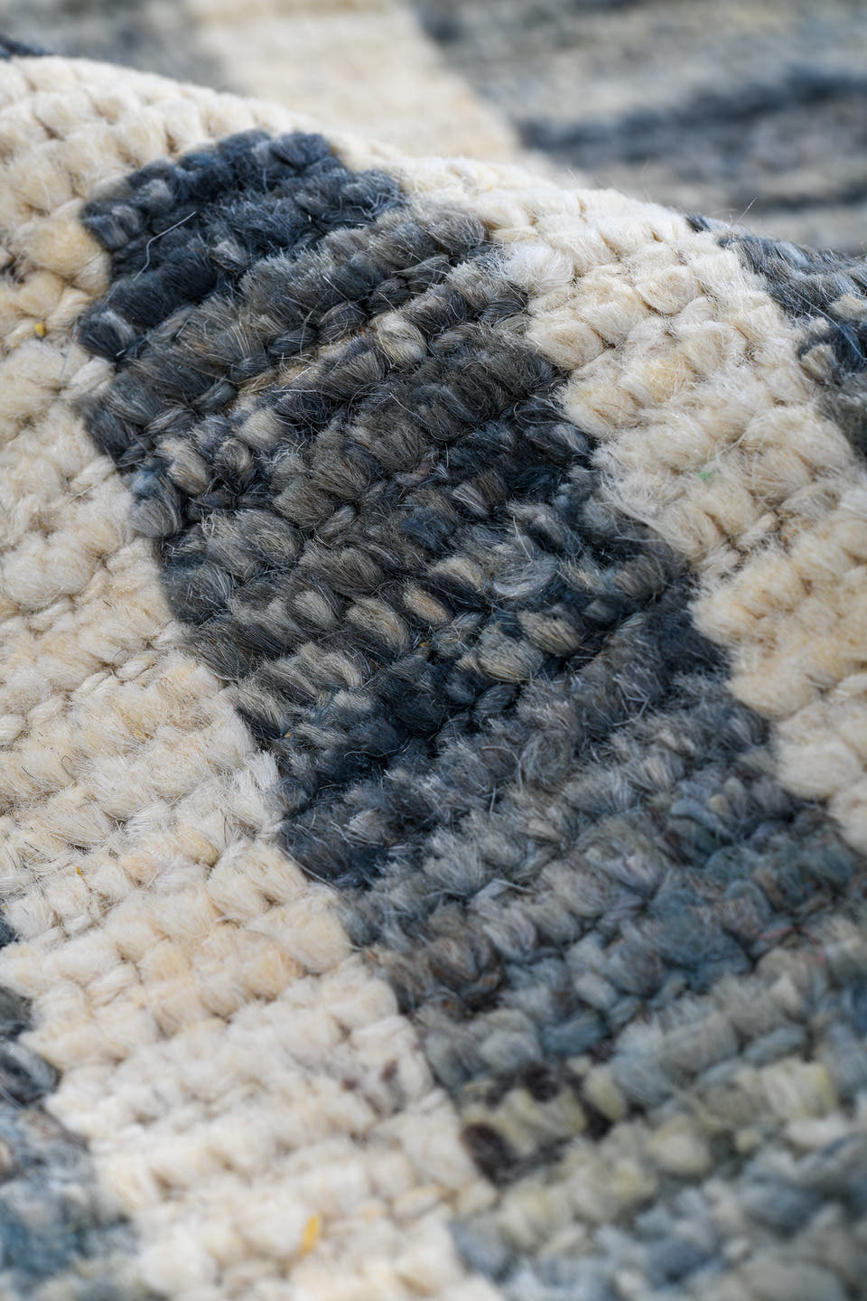 6' x 9' one-of-a-kind handmade vintage Tulu medium size rug. Color palette: blue, ivory, slate, denim, cream, gray