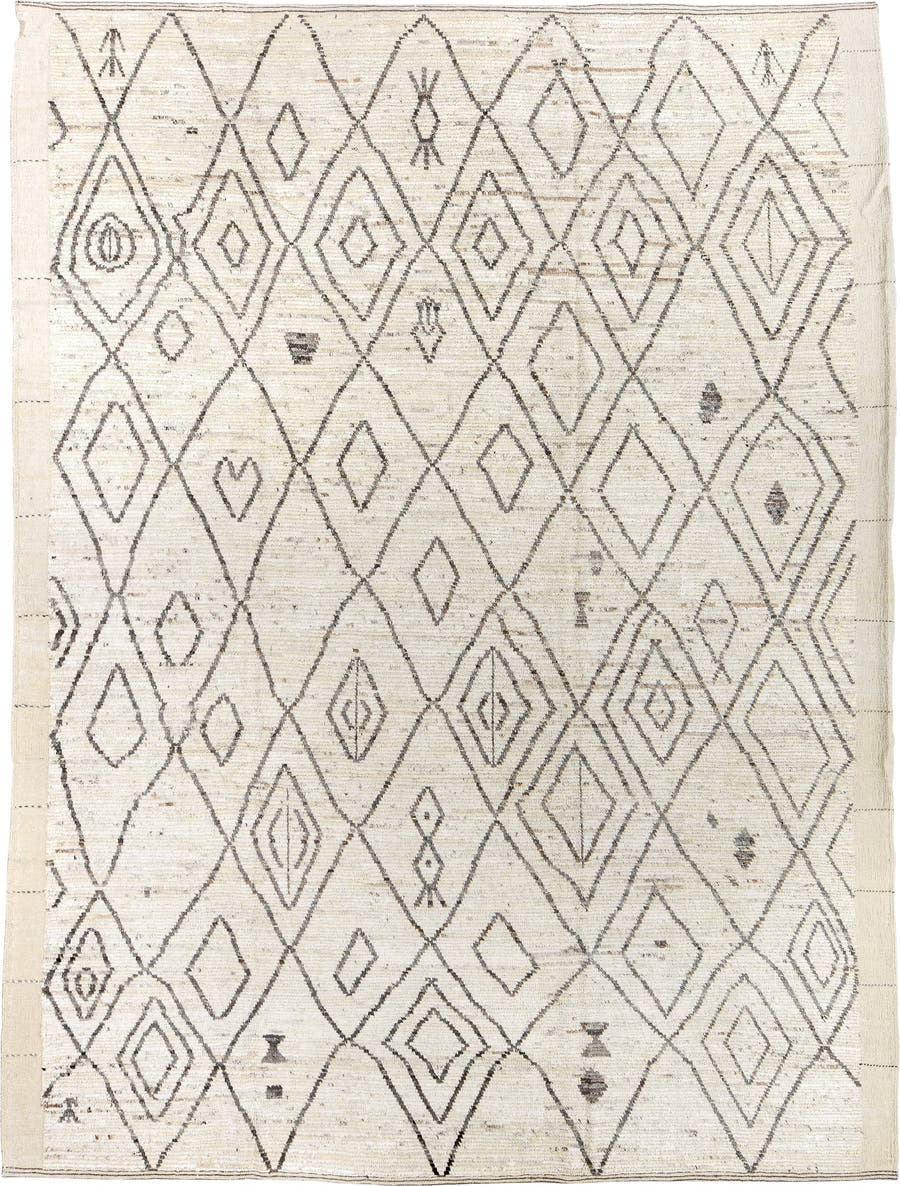 9' x 12' one-of-a-kind handmade vintage Tulu large size rug. Color palette: ivory, charcoal, cream, taupe, slate, black