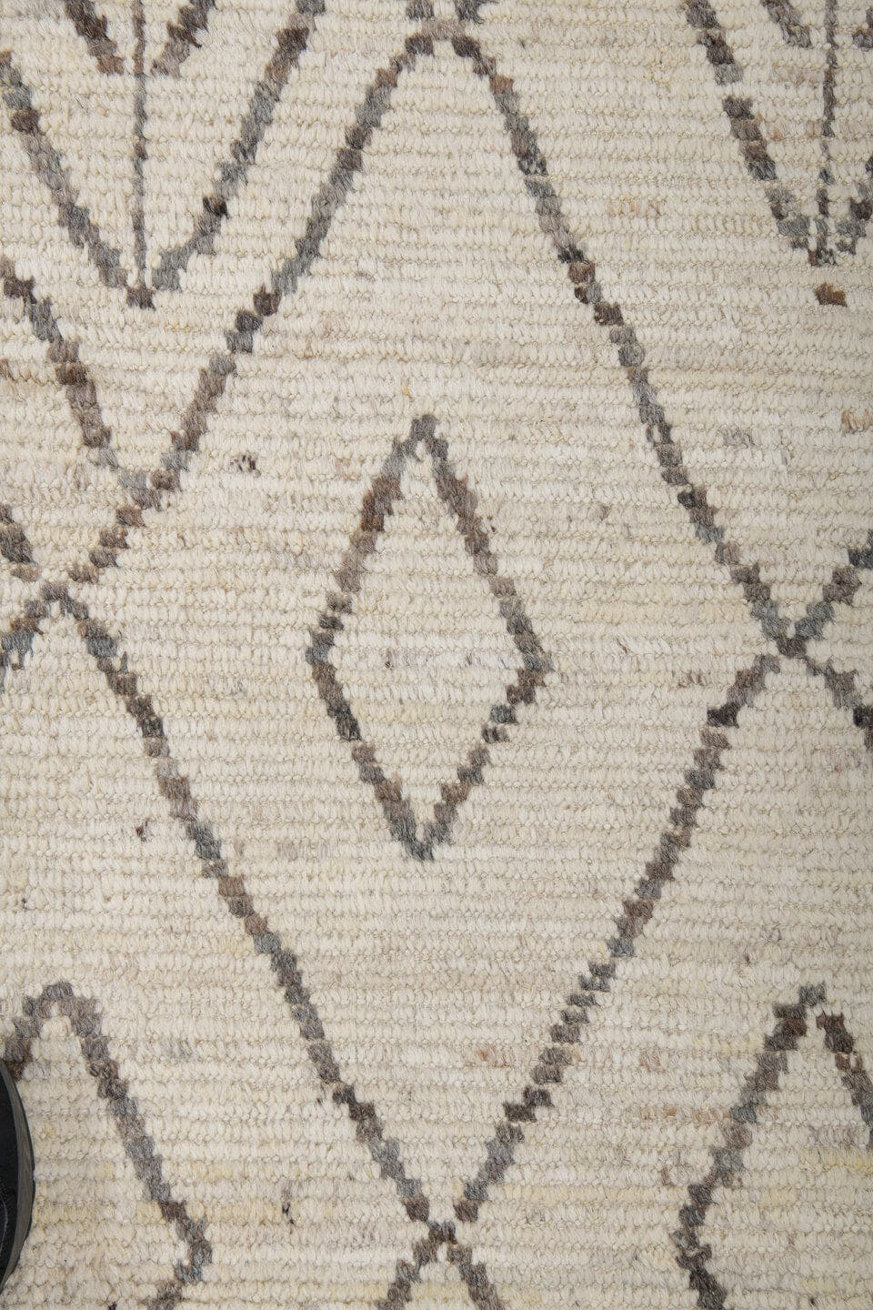 9' x 12' one-of-a-kind handmade vintage Tulu large size rug. Color palette: ivory, charcoal, cream, taupe, slate, black
