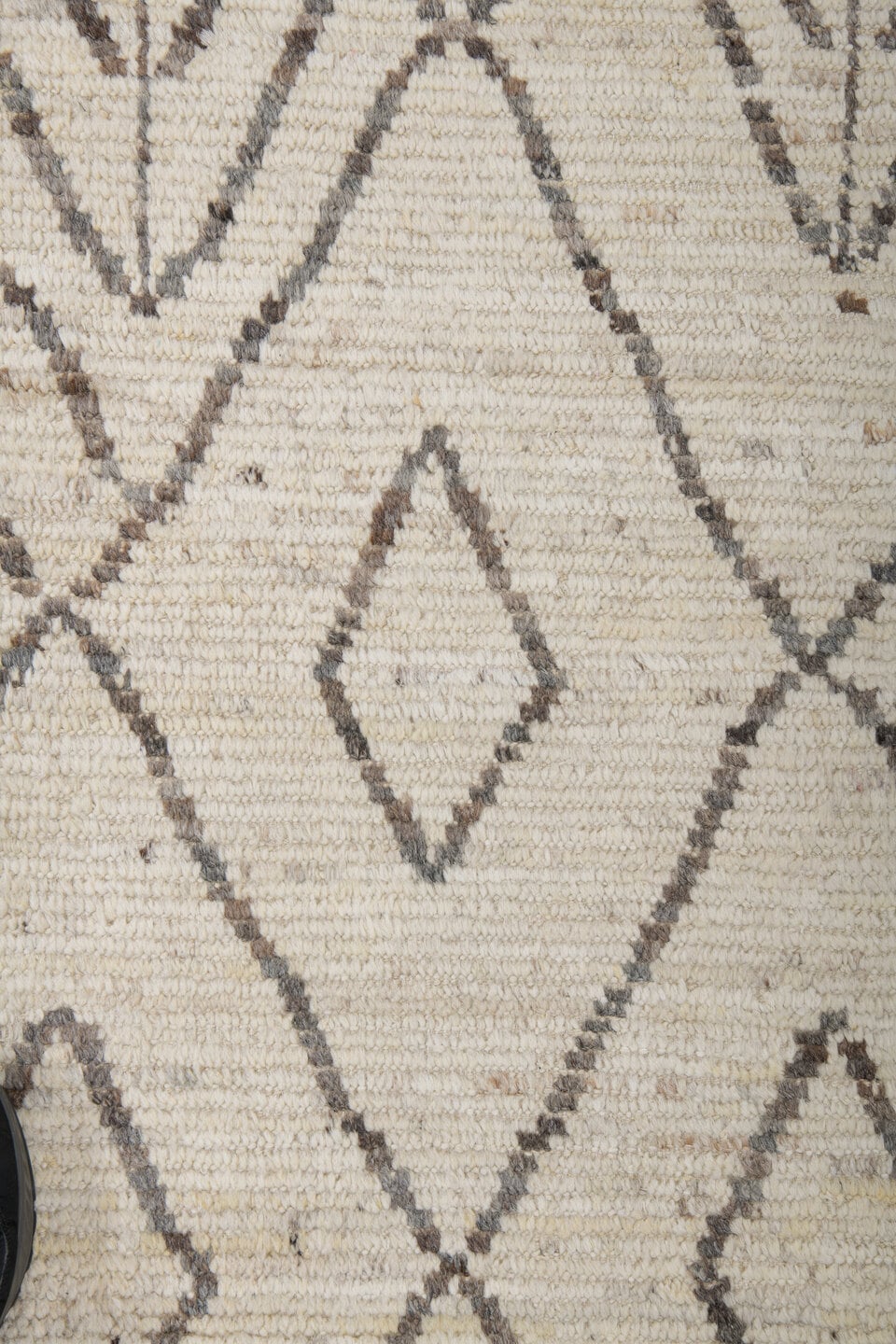 9' x 12' one-of-a-kind handmade vintage Tulu large size rug. Color palette: ivory, charcoal, cream, taupe, slate, black