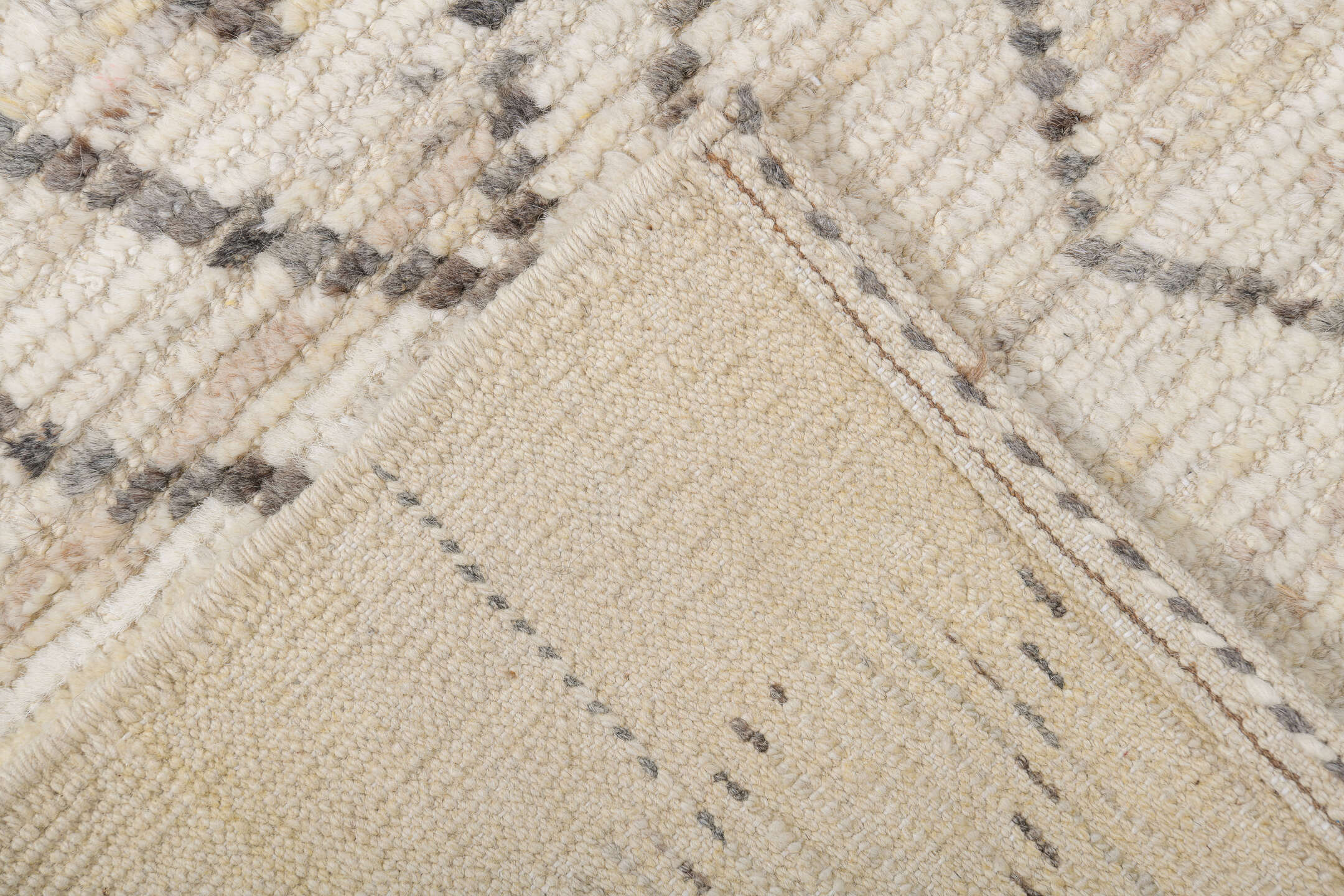 9' x 12' one-of-a-kind handmade vintage Tulu large size rug. Color palette: ivory, charcoal, cream, taupe, slate, black