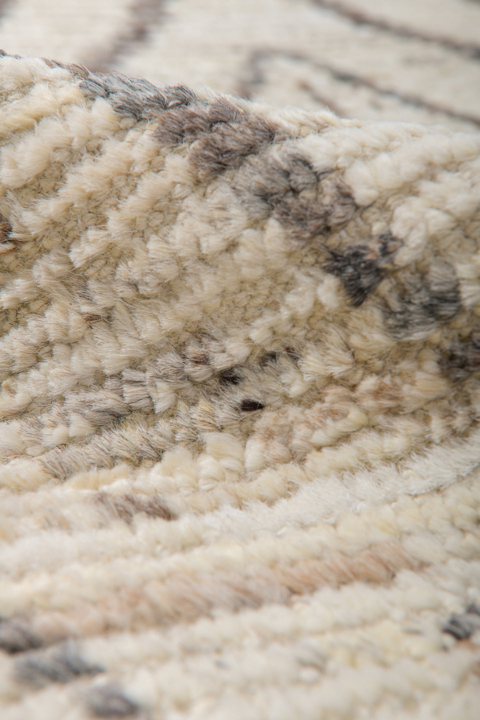 9' x 12' one-of-a-kind handmade vintage Tulu large size rug. Color palette: ivory, charcoal, cream, taupe, slate, black