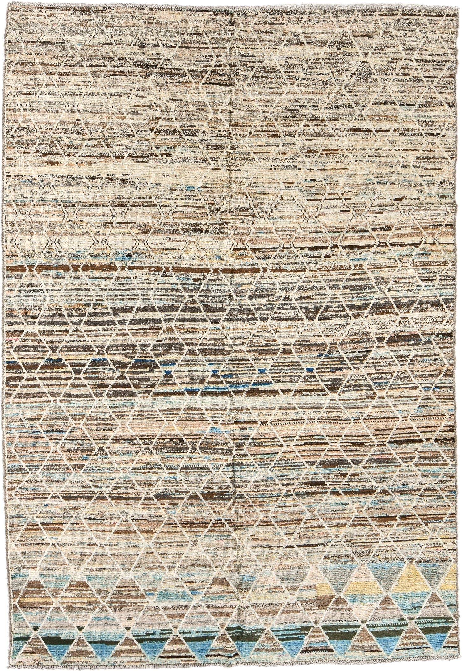 6' x 9' one-of-a-kind handmade vintage Tulu medium size rug. Color palette: ivory, taupe, brown, sky_blue, camel, slate