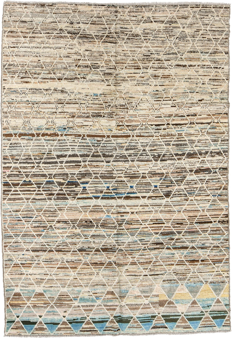 6' x 9' one-of-a-kind handmade vintage Tulu medium size rug. Color palette: ivory, taupe, brown, sky_blue, camel, slate