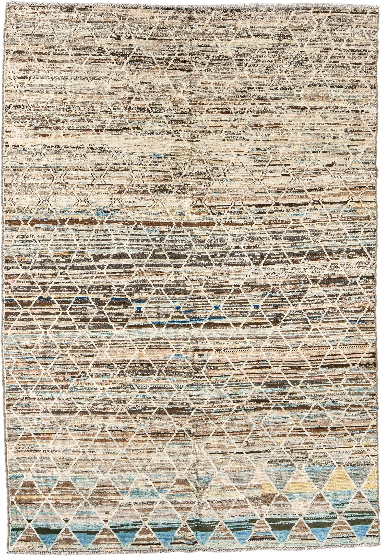6' x 9' one-of-a-kind handmade vintage Tulu medium size rug. Color palette: ivory, taupe, brown, sky_blue, camel, slate
