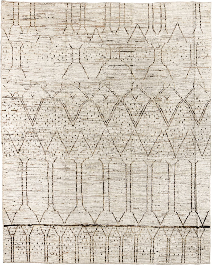 10' x 13' one-of-a-kind handmade vintage Tulu oversize rug. Color palette: ivory, taupe, brown, camel, charcoal, beige, gray