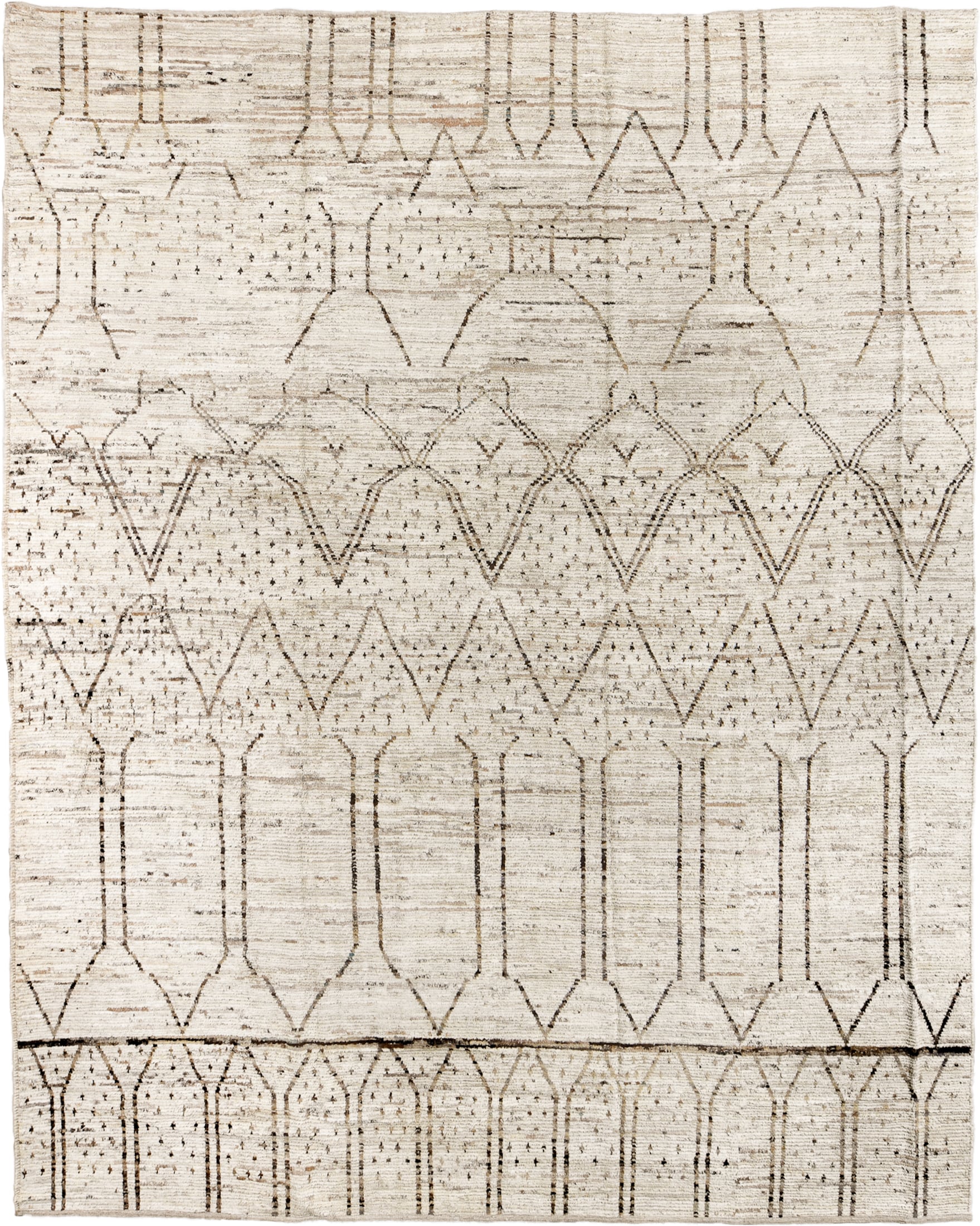 10' x 13' one-of-a-kind handmade vintage Tulu oversize rug. Color palette: ivory, taupe, brown, camel, charcoal, beige, gray