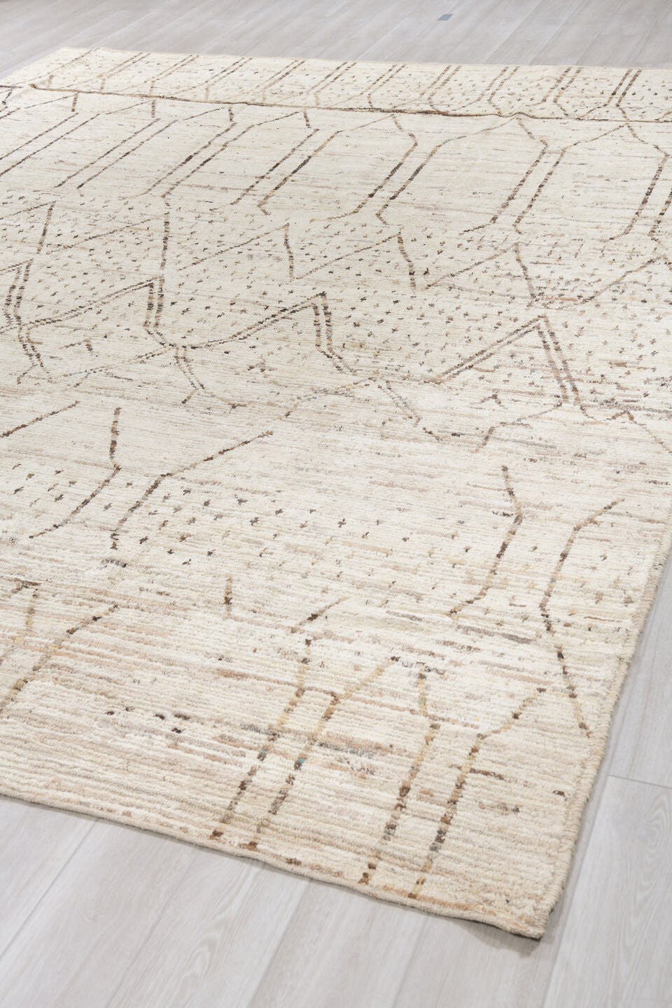 10' x 13' one-of-a-kind handmade vintage Tulu oversize rug. Color palette: ivory, taupe, brown, camel, charcoal, beige, gray