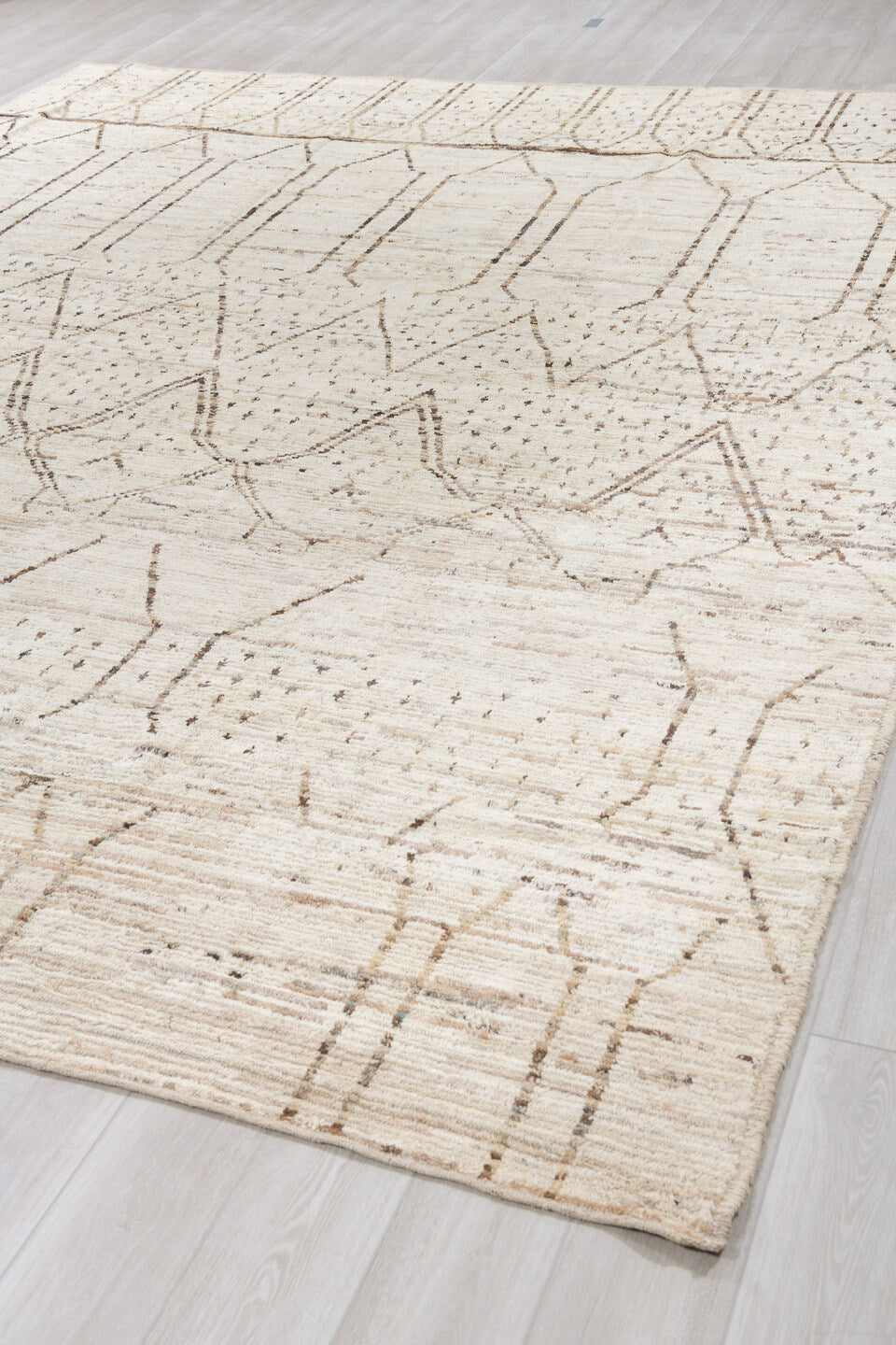 10' x 13' one-of-a-kind handmade vintage Tulu oversize rug. Color palette: ivory, taupe, brown, camel, charcoal, beige, gray