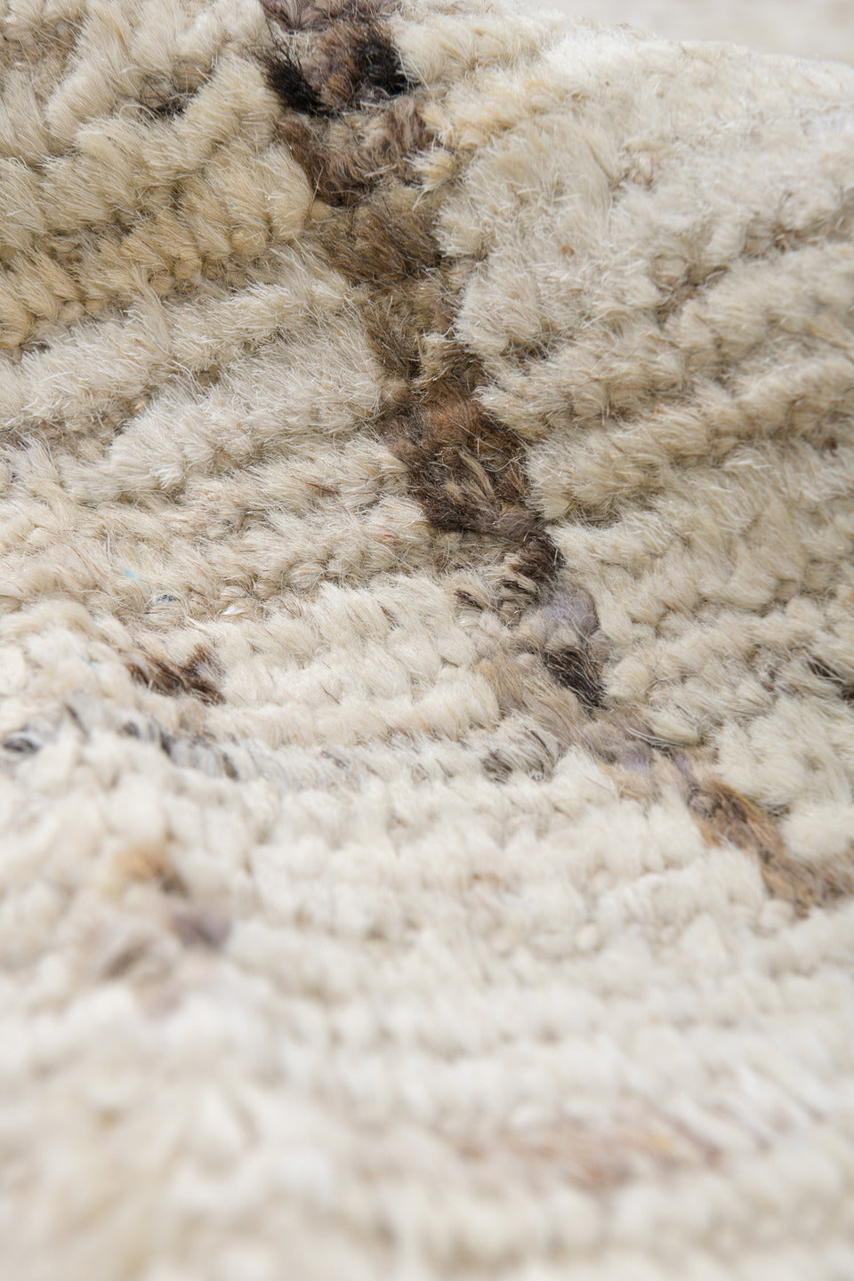 10' x 13' one-of-a-kind handmade vintage Tulu oversize rug. Color palette: ivory, taupe, brown, camel, charcoal, beige, gray