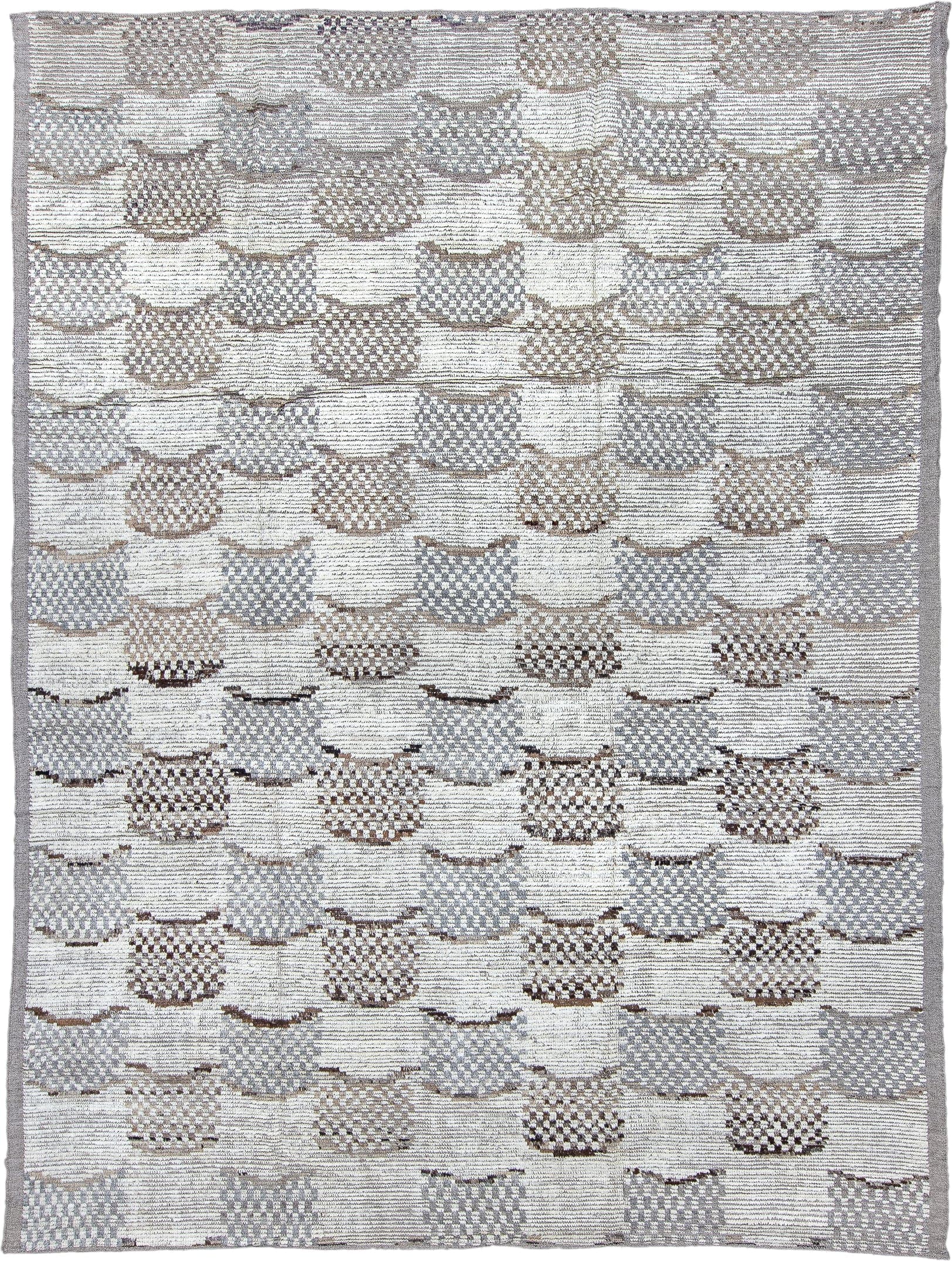 9' x 12' one-of-a-kind handmade vintage Tulu large size rug. Color palette: ivory, gray, taupe, brown, beige