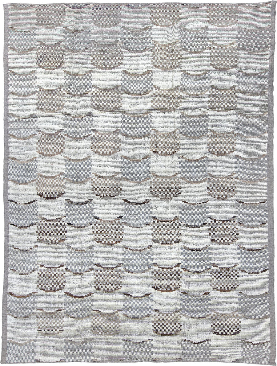 9' x 12' one-of-a-kind handmade vintage Tulu large size rug. Color palette: ivory, gray, taupe, brown, beige