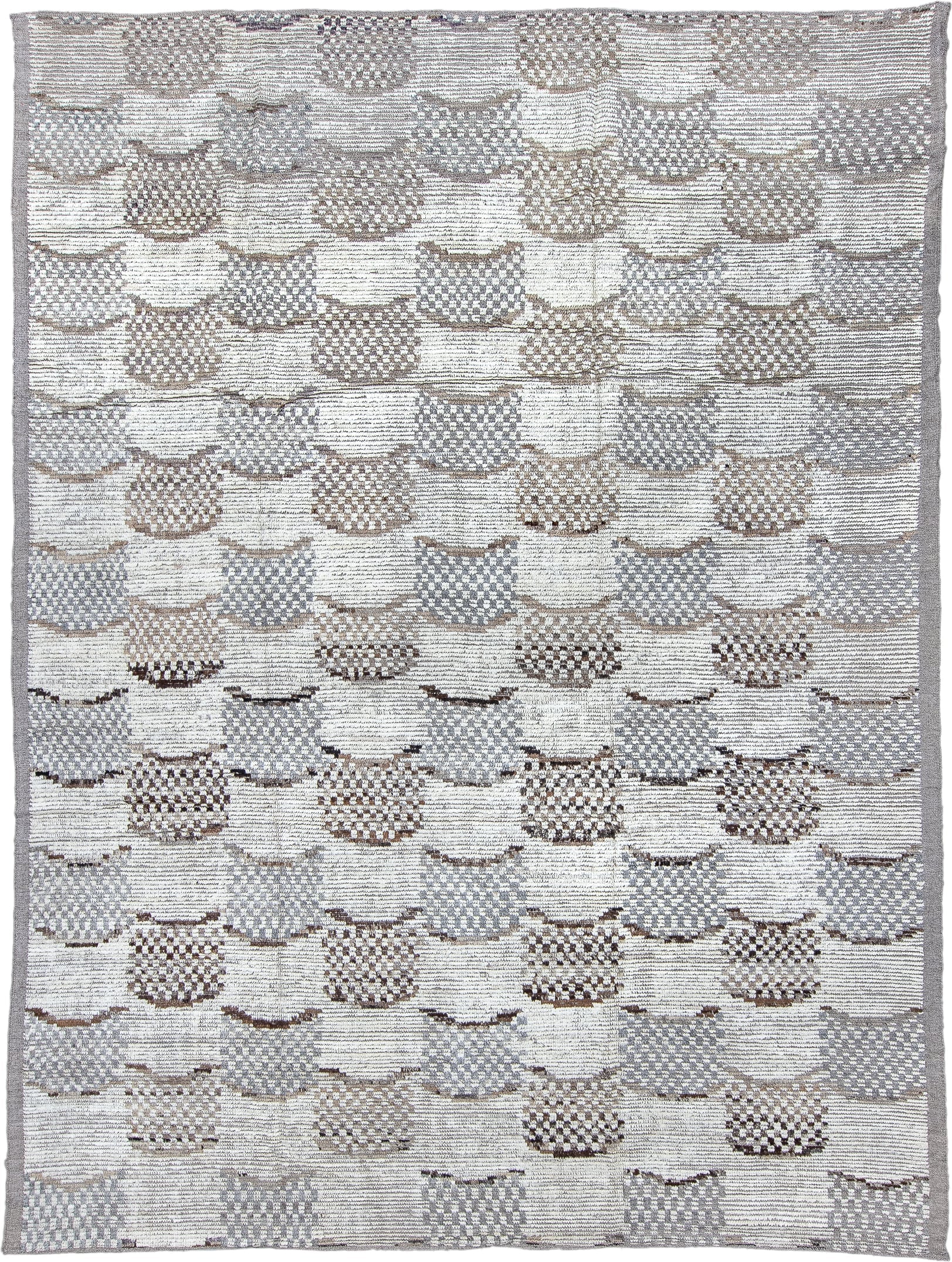 9' x 12' one-of-a-kind handmade vintage Tulu large size rug. Color palette: ivory, gray, taupe, brown, beige