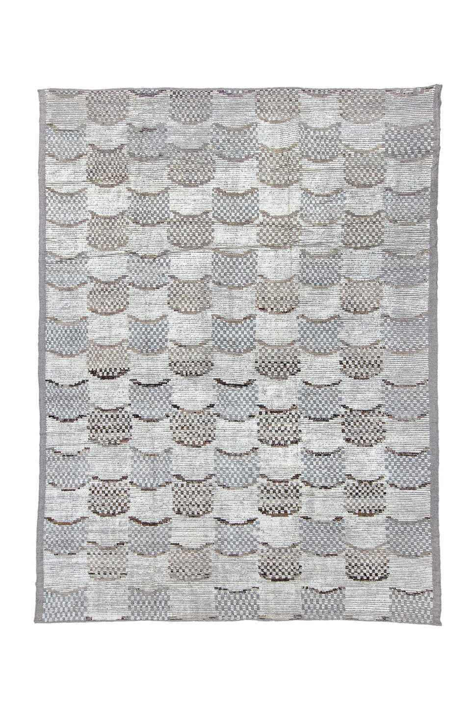 9' x 12' one-of-a-kind handmade vintage Tulu large size rug. Color palette: dark gray, dim gray, gainsboro, gray, light blue