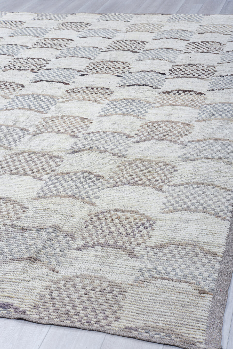 9' x 12' one-of-a-kind handmade vintage Tulu large size rug. Color palette: ivory, gray, taupe, brown, beige