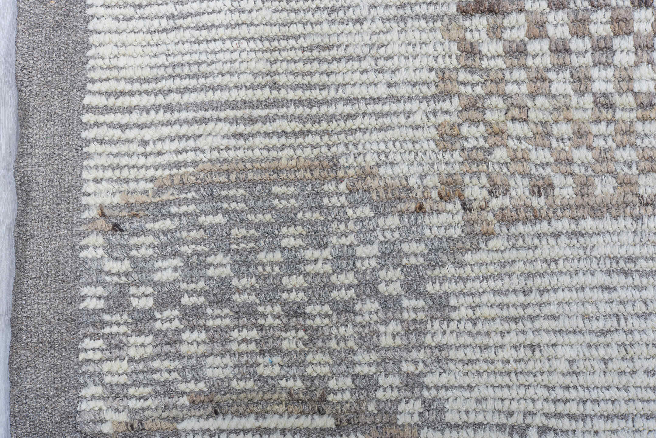 9' x 12' one-of-a-kind handmade vintage Tulu large size rug. Color palette: ivory, gray, taupe, brown, beige