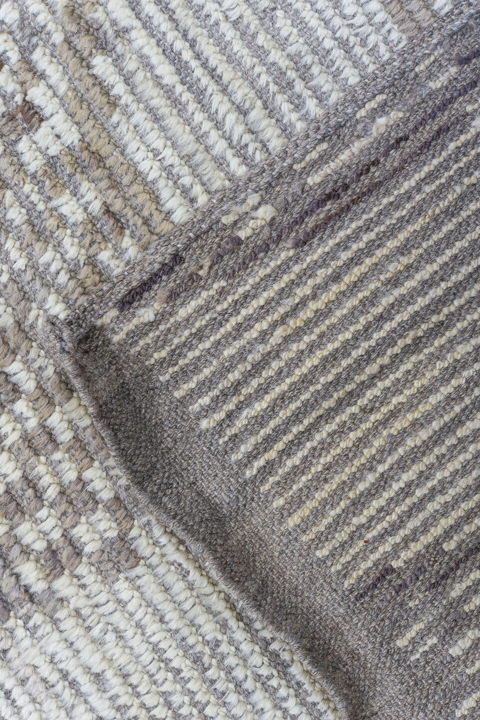 9' x 12' one-of-a-kind handmade vintage Tulu large size rug. Color palette: ivory, gray, taupe, brown, beige