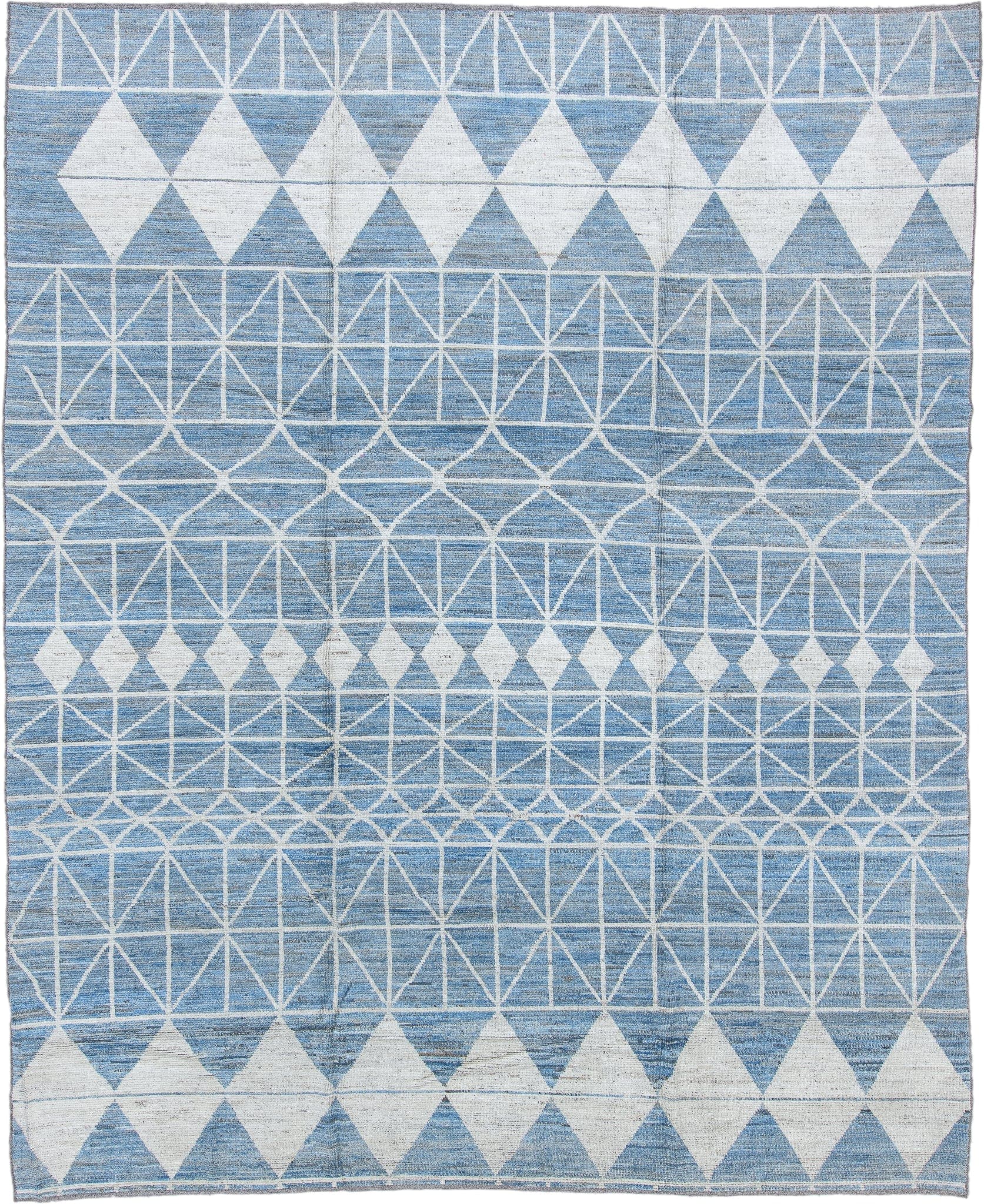 9' x 11' one-of-a-kind handmade vintage Tulu large size rug. Color palette: sky blue, ivory, powder blue, light blue