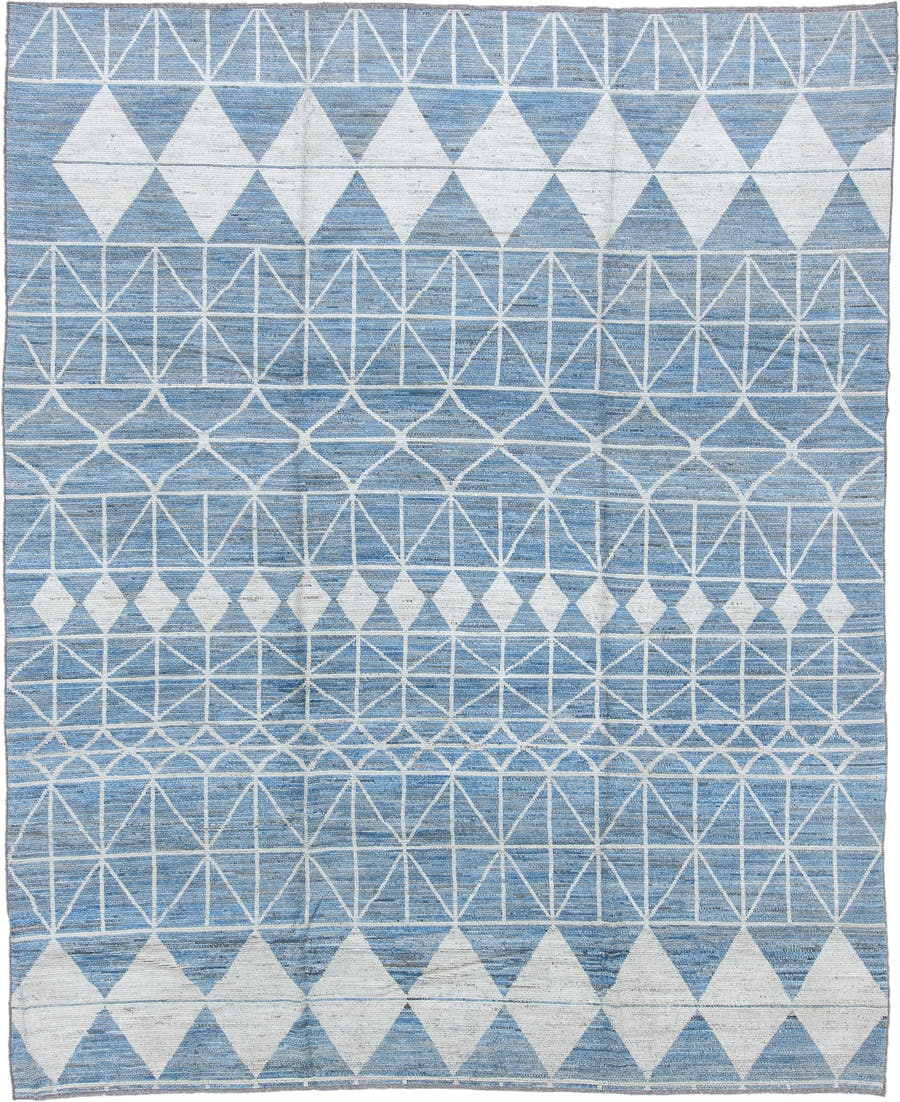9' x 11' one-of-a-kind handmade vintage Tulu large size rug. Color palette: sky blue, ivory, powder blue, light blue