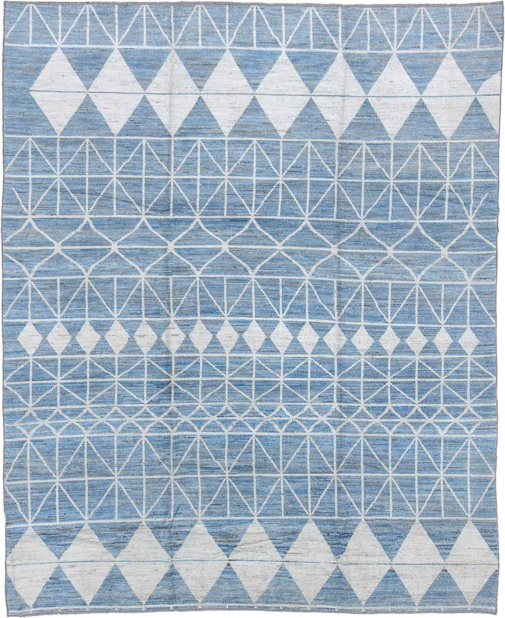 9' x 11' one-of-a-kind handmade vintage Tulu large size rug. Color palette: sky blue, ivory, powder blue, light blue