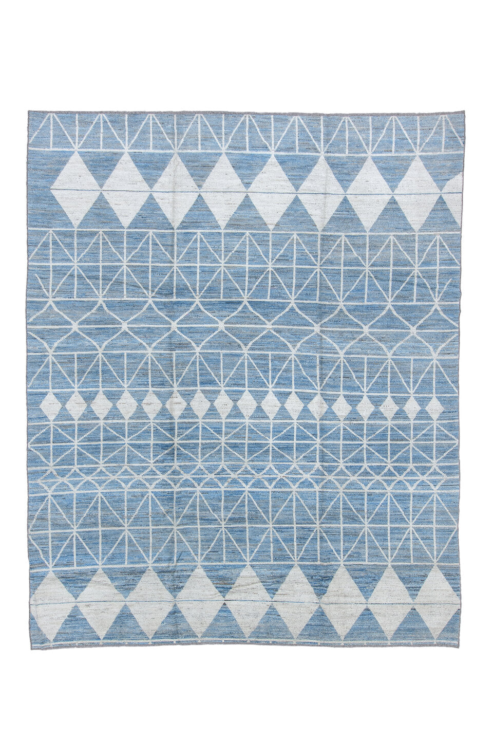 9' x 11' one-of-a-kind handmade vintage Tulu large size rug. Color palette: black, blue, dark gray, dim gray, gainsboro