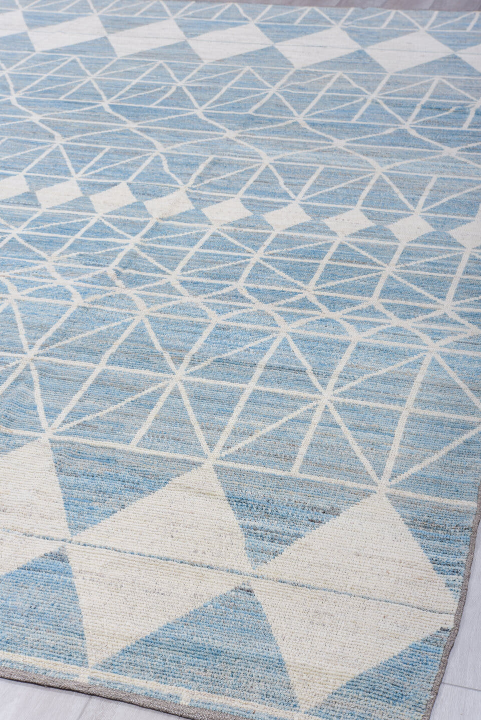 9' x 11' one-of-a-kind handmade vintage Tulu large size rug. Color palette: sky blue, ivory, powder blue, light blue