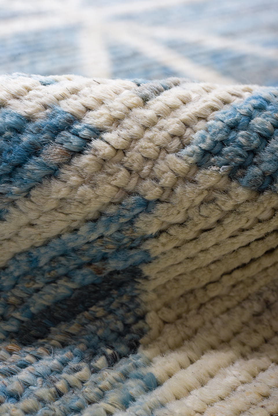 9' x 11' one-of-a-kind handmade vintage Tulu large size rug. Color palette: sky blue, ivory, powder blue, light blue