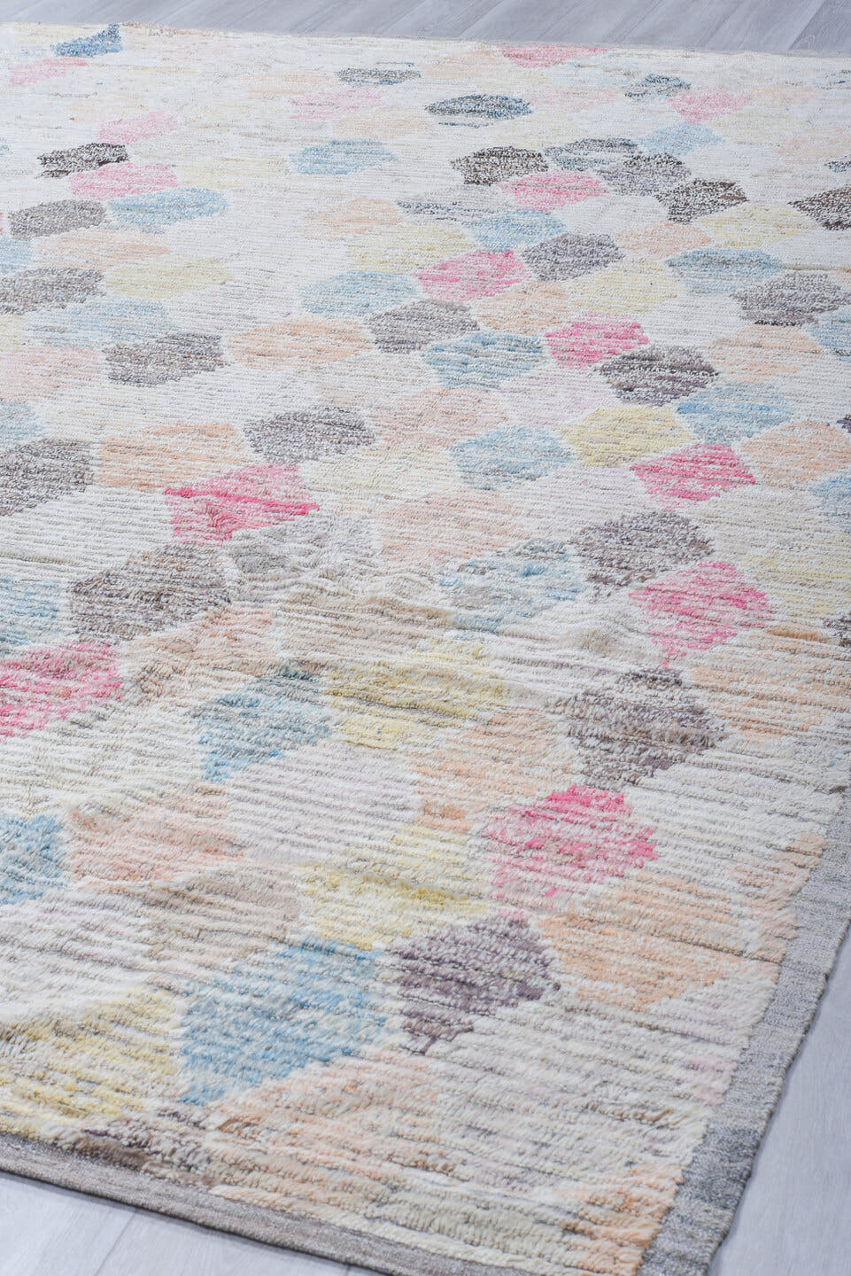 9' x 11' one-of-a-kind handmade vintage Tulu large size rug. Color palette: ivory, sky blue, charcoal, blush, pink