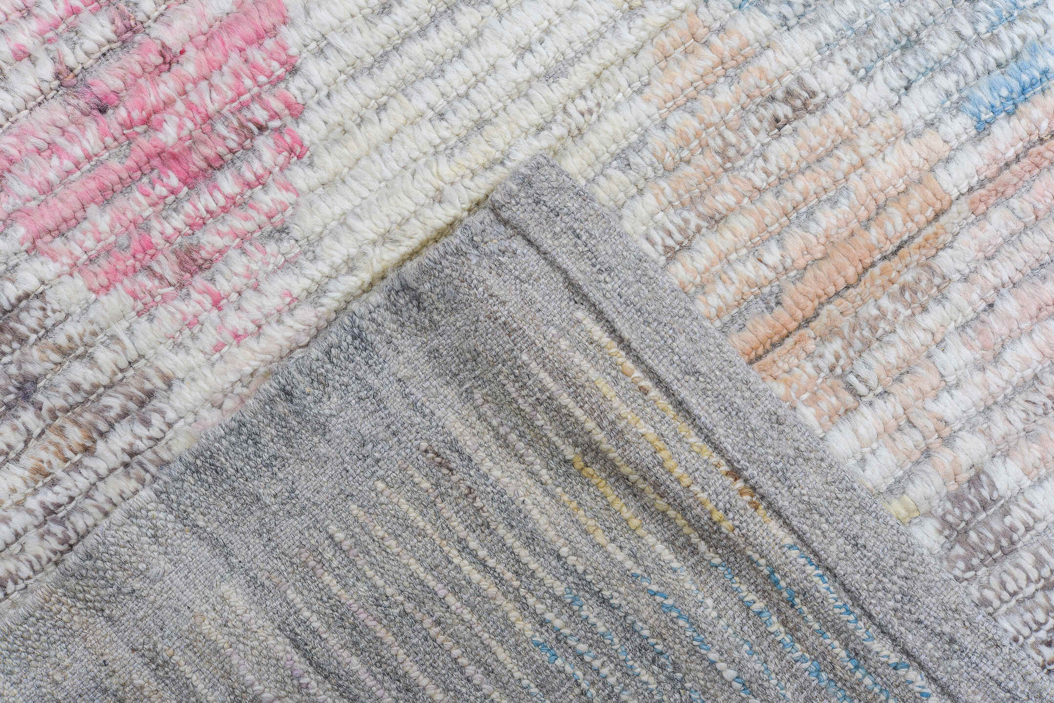 9' x 11' one-of-a-kind handmade vintage Tulu large size rug. Color palette: ivory, sky blue, charcoal, blush, pink