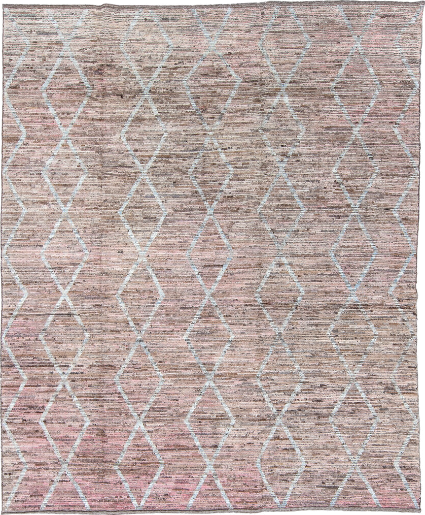 8' x 9' one-of-a-kind handmade vintage Tulu rug. Color palette: taupe, blush, brown, ivory, rose, camel, beige, gray, pink