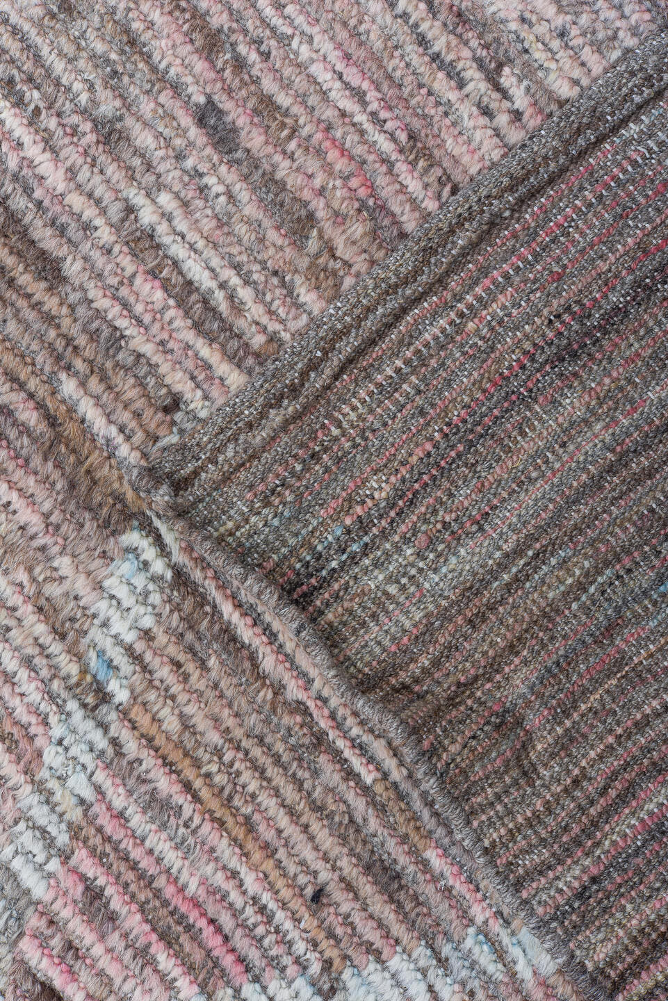 8' x 9' one-of-a-kind handmade vintage Tulu rug. Color palette: taupe, blush, brown, ivory, rose, camel, beige, gray, pink