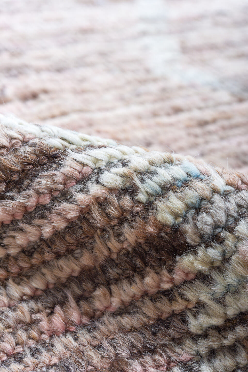8' x 9' one-of-a-kind handmade vintage Tulu rug. Color palette: taupe, blush, brown, ivory, rose, camel, beige, gray, pink