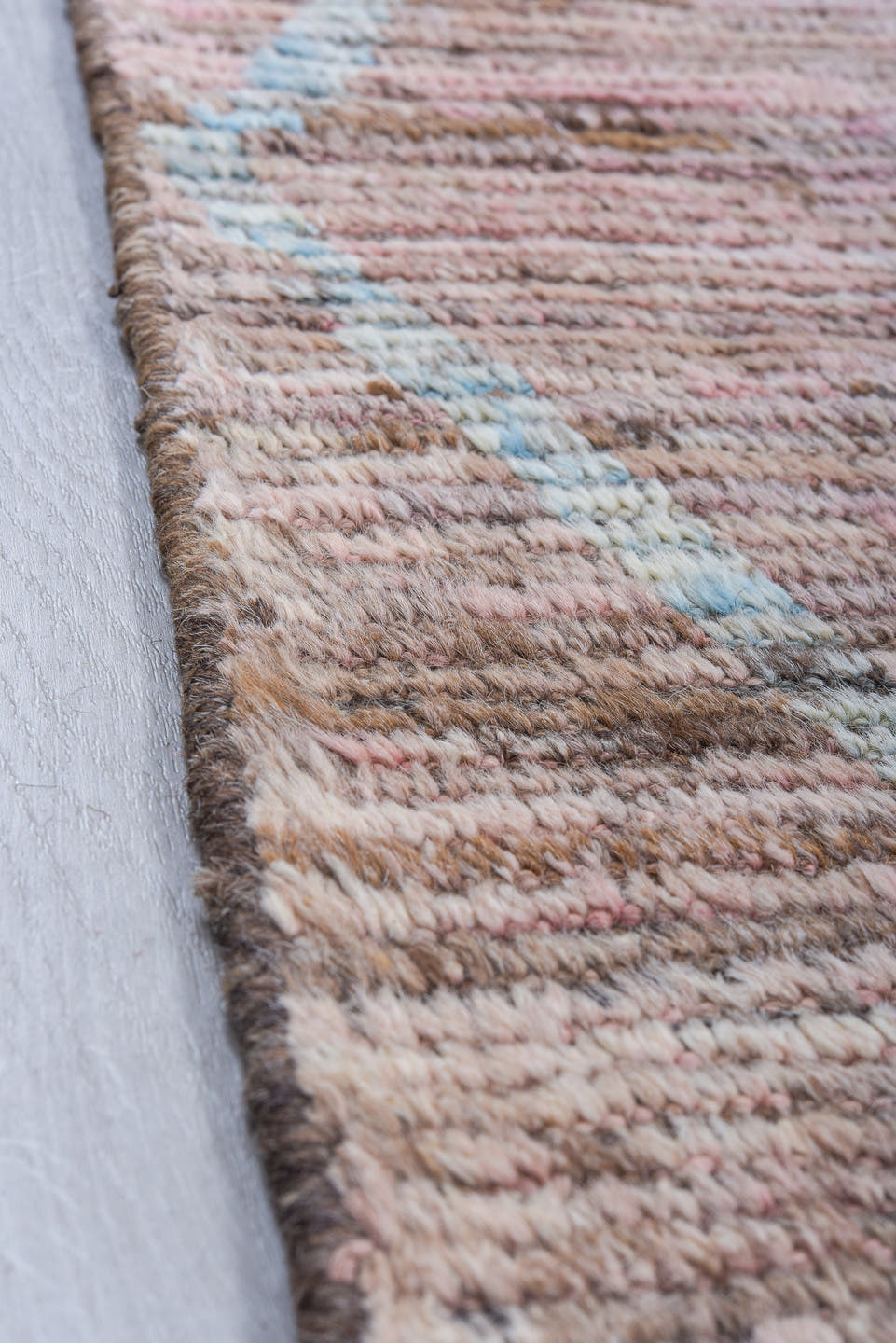 8' x 9' one-of-a-kind handmade vintage Tulu rug. Color palette: taupe, blush, brown, ivory, rose, camel, beige, gray, pink