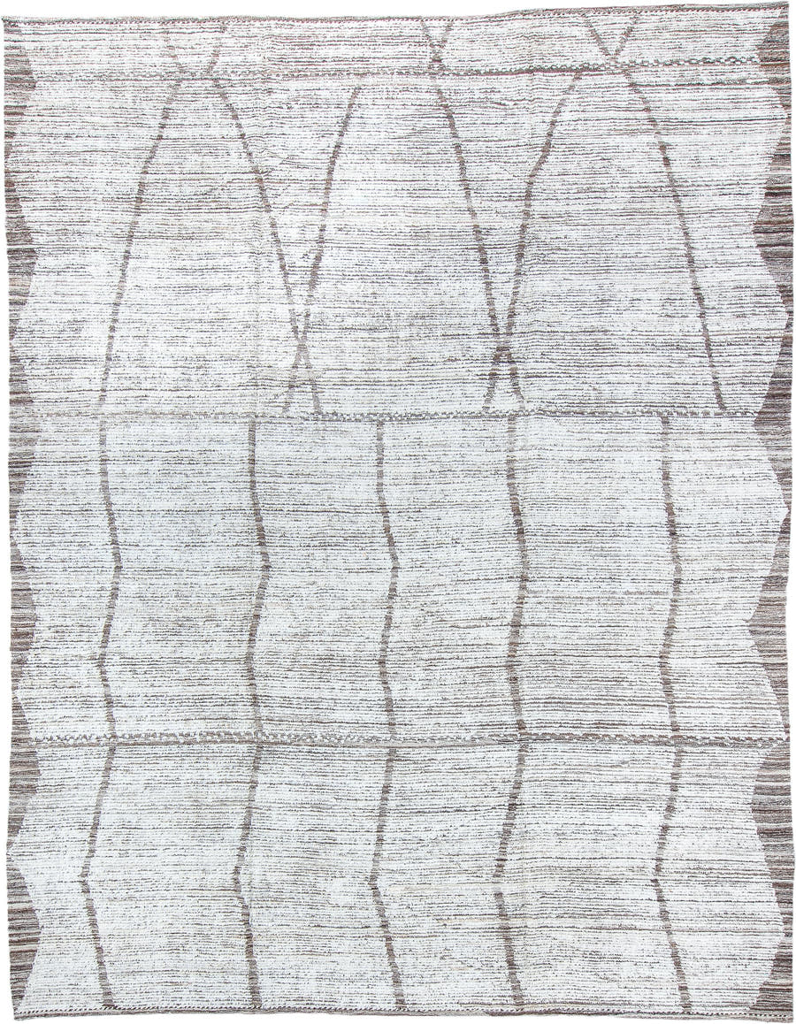 9' x 12' one-of-a-kind handmade vintage Tulu large size rug. Color palette: ivory, taupe, brown, cream, beige, gray