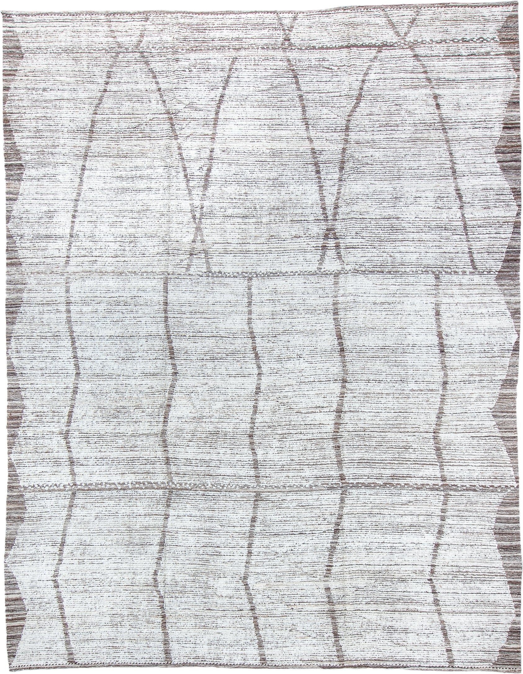 9' x 12' one-of-a-kind handmade vintage Tulu large size rug. Color palette: ivory, taupe, brown, cream, beige, gray