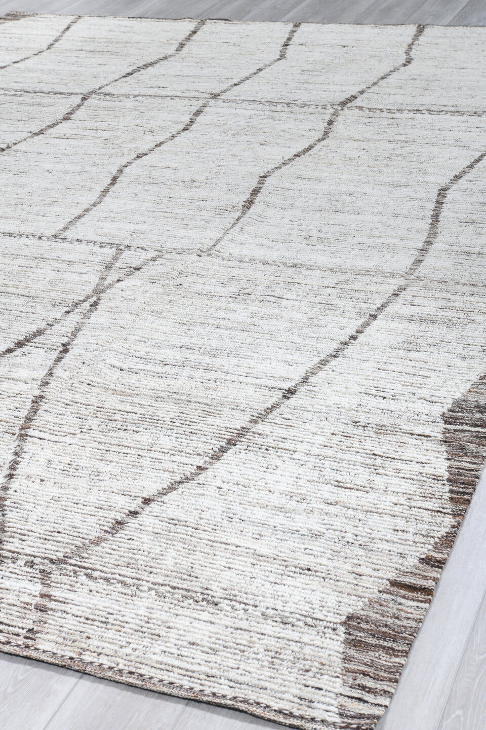 9' x 12' one-of-a-kind handmade vintage Tulu large size rug. Color palette: ivory, taupe, brown, cream, beige, gray