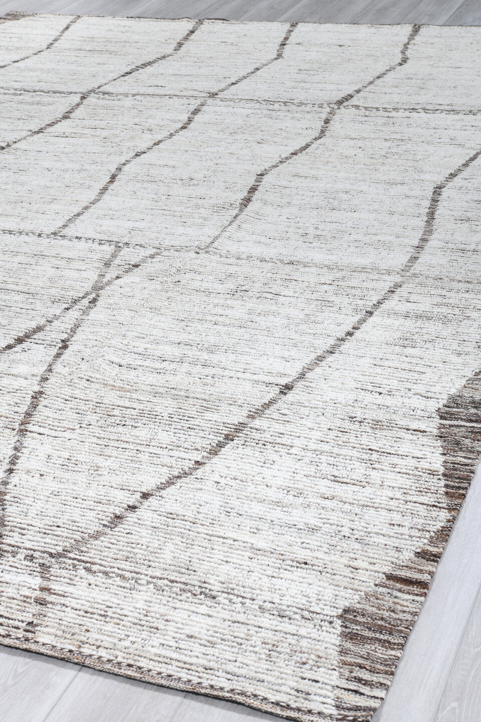 9' x 12' one-of-a-kind handmade vintage Tulu large size rug. Color palette: ivory, taupe, brown, cream, beige, gray