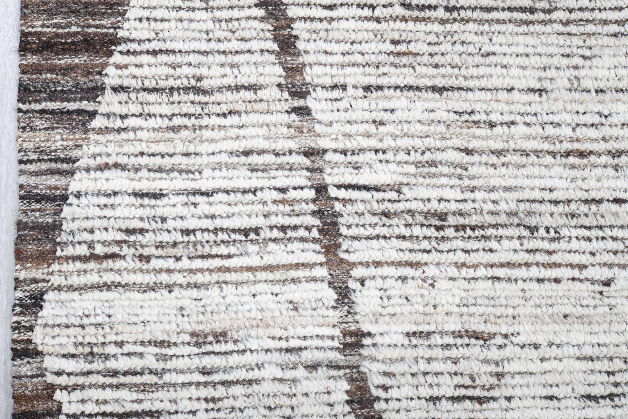 9' x 12' one-of-a-kind handmade vintage Tulu large size rug. Color palette: ivory, taupe, brown, cream, beige, gray