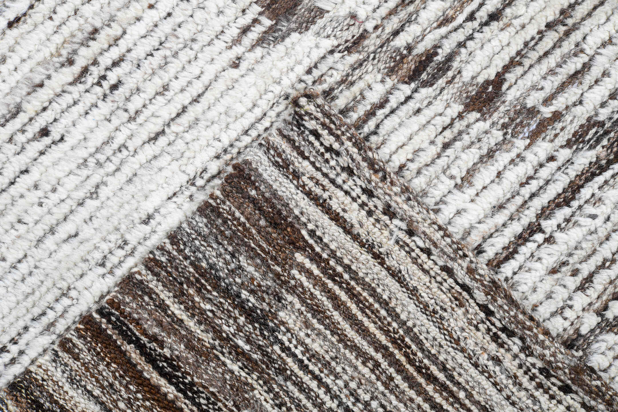 9' x 12' one-of-a-kind handmade vintage Tulu large size rug. Color palette: ivory, taupe, brown, cream, beige, gray