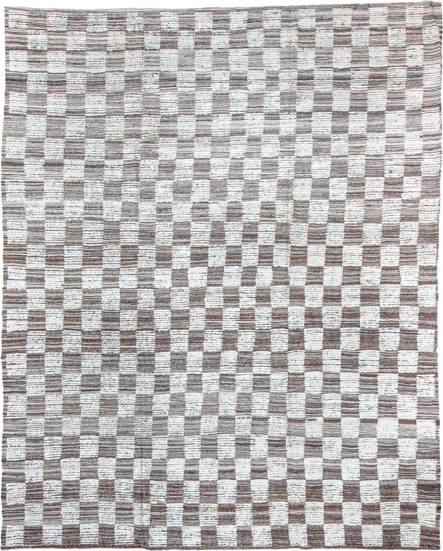 9' x 12' one-of-a-kind handmade vintage Tulu large size rug. Color palette: ivory, taupe, brown, cream, beige, gray