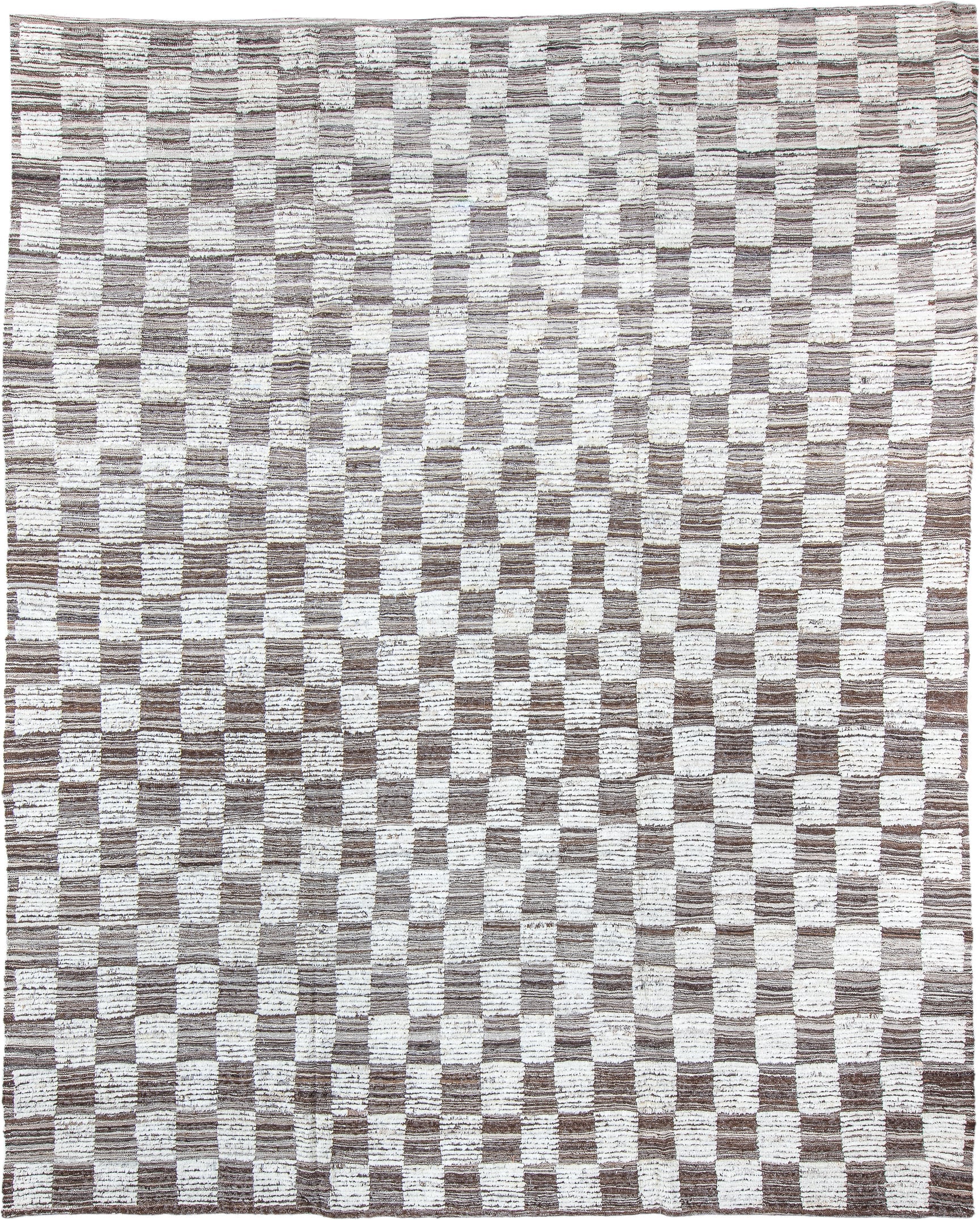 9' x 12' one-of-a-kind handmade vintage Tulu large size rug. Color palette: ivory, taupe, brown, cream, beige, gray