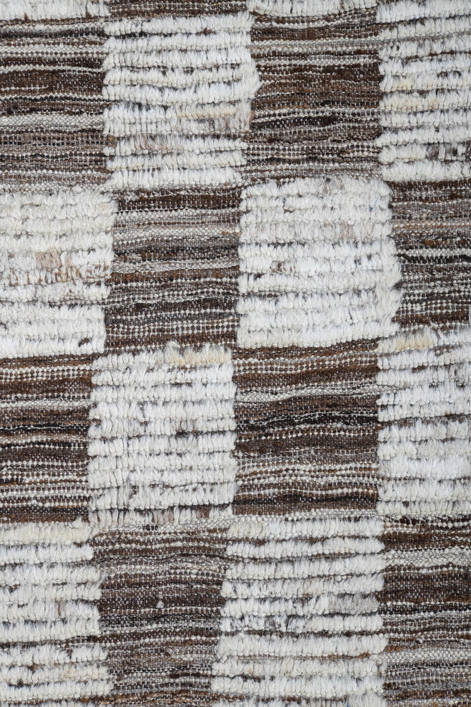 9' x 12' one-of-a-kind handmade vintage Tulu large size rug. Color palette: ivory, taupe, brown, cream, beige, gray