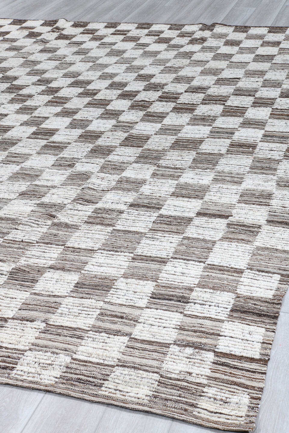9' x 12' one-of-a-kind handmade vintage Tulu large size rug. Color palette: ivory, taupe, brown, cream, beige, gray
